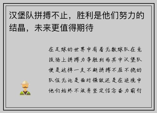 汉堡队拼搏不止，胜利是他们努力的结晶，未来更值得期待