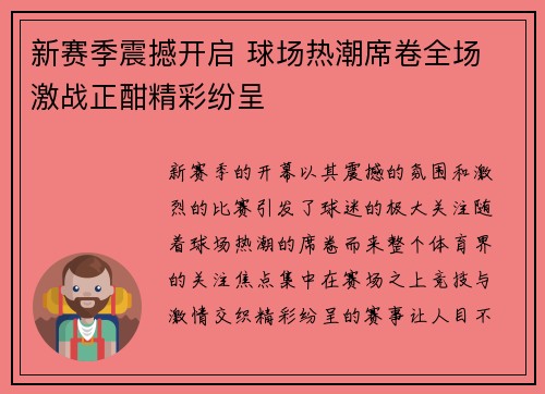新赛季震撼开启 球场热潮席卷全场 激战正酣精彩纷呈