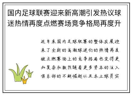 国内足球联赛迎来新高潮引发热议球迷热情再度点燃赛场竞争格局再度升级